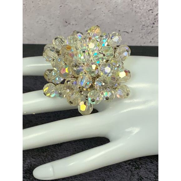 Aurora Borealis Crystal Beaded Brooch Super Charming Silver Tone Frame Vintage - Picture 6 of 9